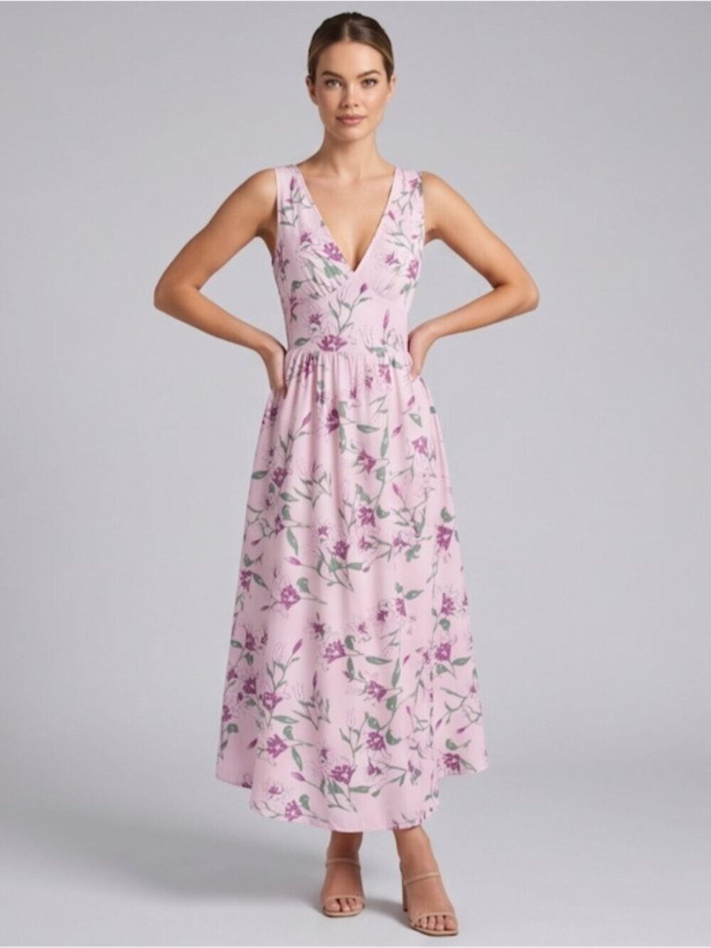 Boho Floral V-Neck A-Line Midi Dress with Pleated Bodice
